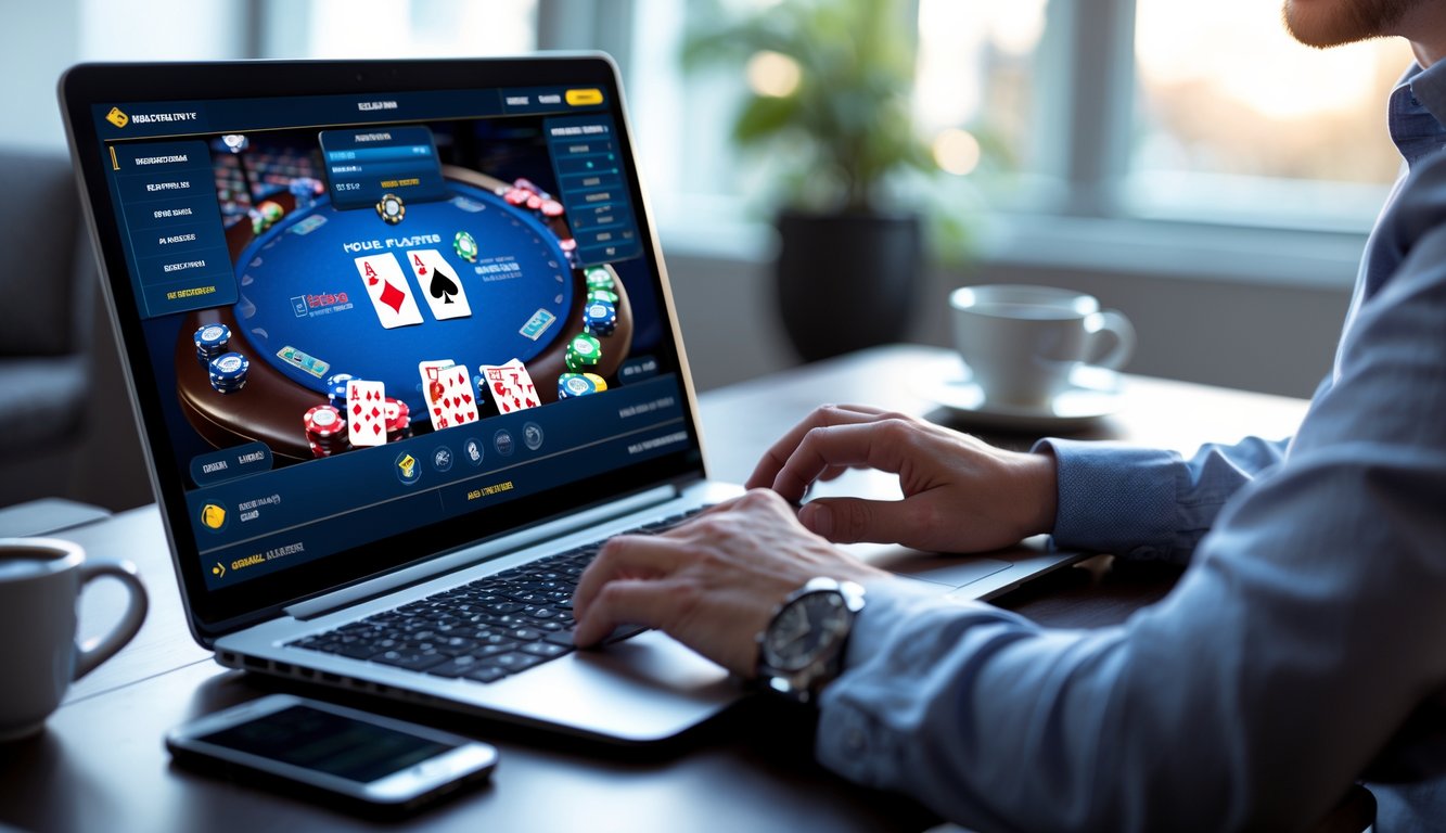 Seseorang sedang bermain poker online menggunakan laptop di ruang kerja modern dengan suasana nyaman dan pencahayaan alami.