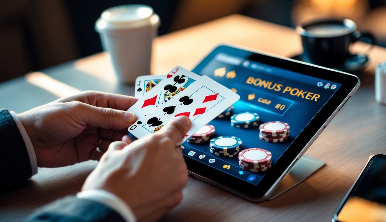 Seseorang sedang bermain poker online dengan kartu dan chip di depan layar tablet.