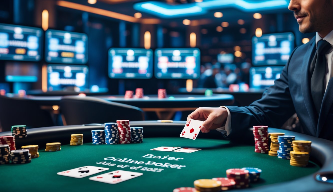 Meja poker modern dengan chip dan kartu, dealer sedang membagikan kartu, latar belakang layar digital dengan tampilan permainan poker.