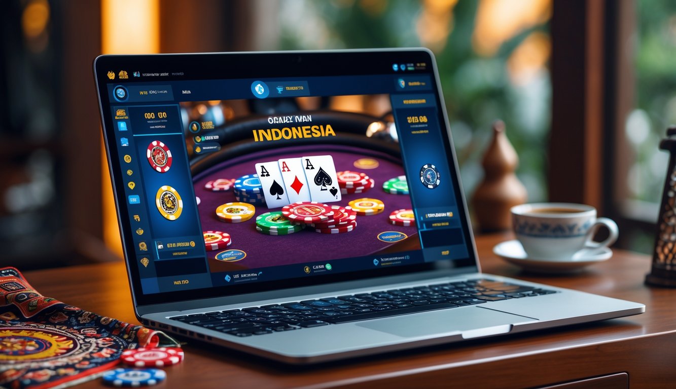 Seorang pemain menggunakan laptop untuk bermain poker online dengan chip poker dan kartu di meja, di lingkungan rumah dengan elemen budaya Indonesia.