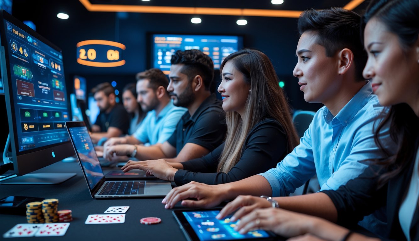 Beberapa orang sedang bermain poker online di sebuah meja dengan komputer dan perangkat digital.