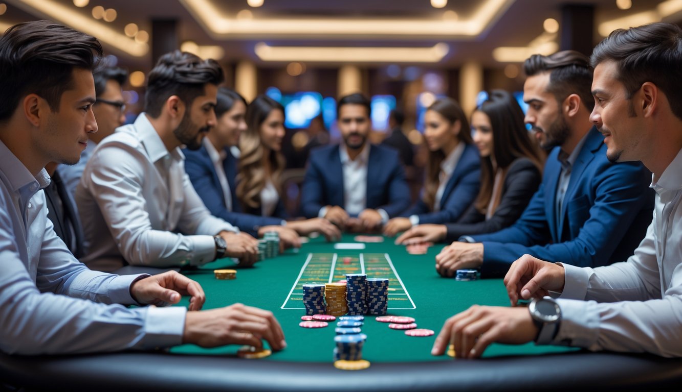 Meja poker dengan chip dan kartu, dikelilingi oleh pemain yang serius dalam suasana kasino mewah.