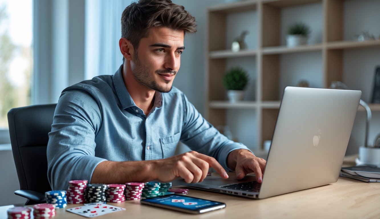 Seorang pria muda fokus bermain poker online di depan laptop di ruang kerja modern dengan chip poker dan kartu di meja.