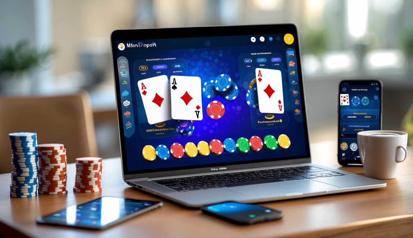 Seseorang bermain poker online dengan laptop dan tumpukan chip poker kecil di meja kayu.