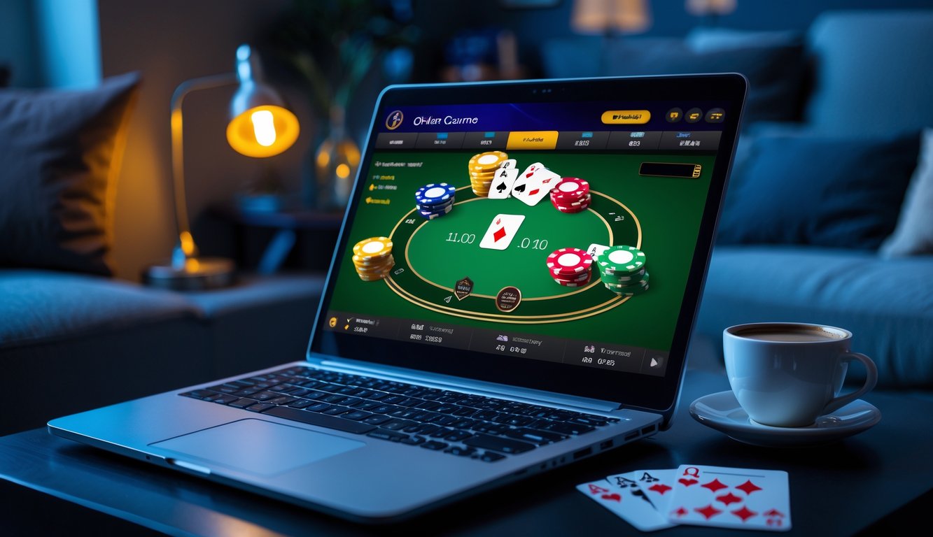 Seorang pemain menggunakan laptop untuk bermain poker online di ruangan yang nyaman dengan lampu redup.