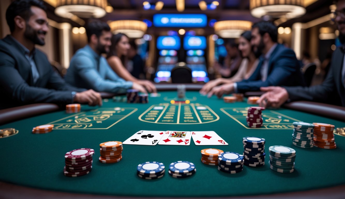 Meja poker dengan chip dan kartu di kasino mewah dengan pemain yang sedang bermain.