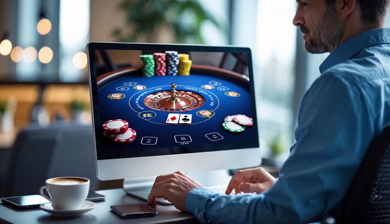 Seorang pemain poker online menggunakan komputer dengan layar menampilkan permainan poker dan chip di meja digital.