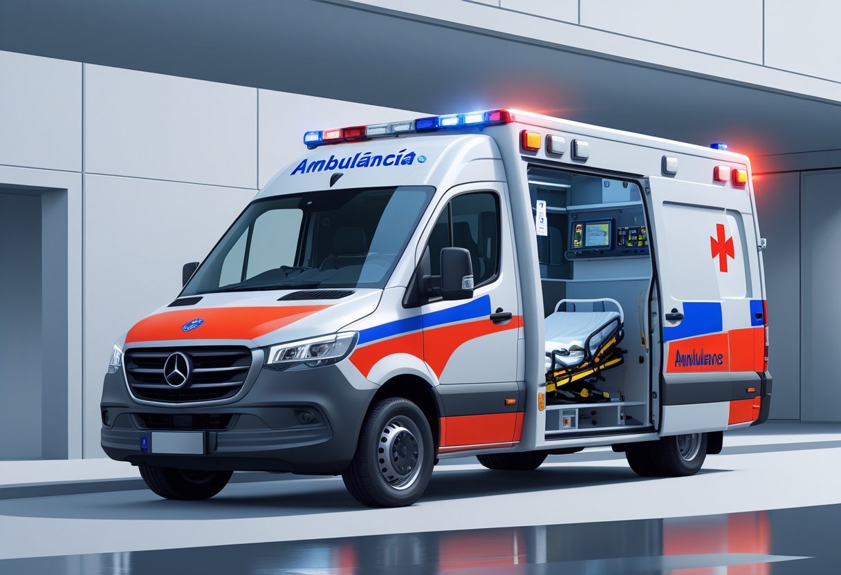 Uma ambulância Tipo F branca com marcações vermelhas e azuis, com a porta lateral aberta mostrando equipamentos médicos no interior, estacionada em frente a um hospital.