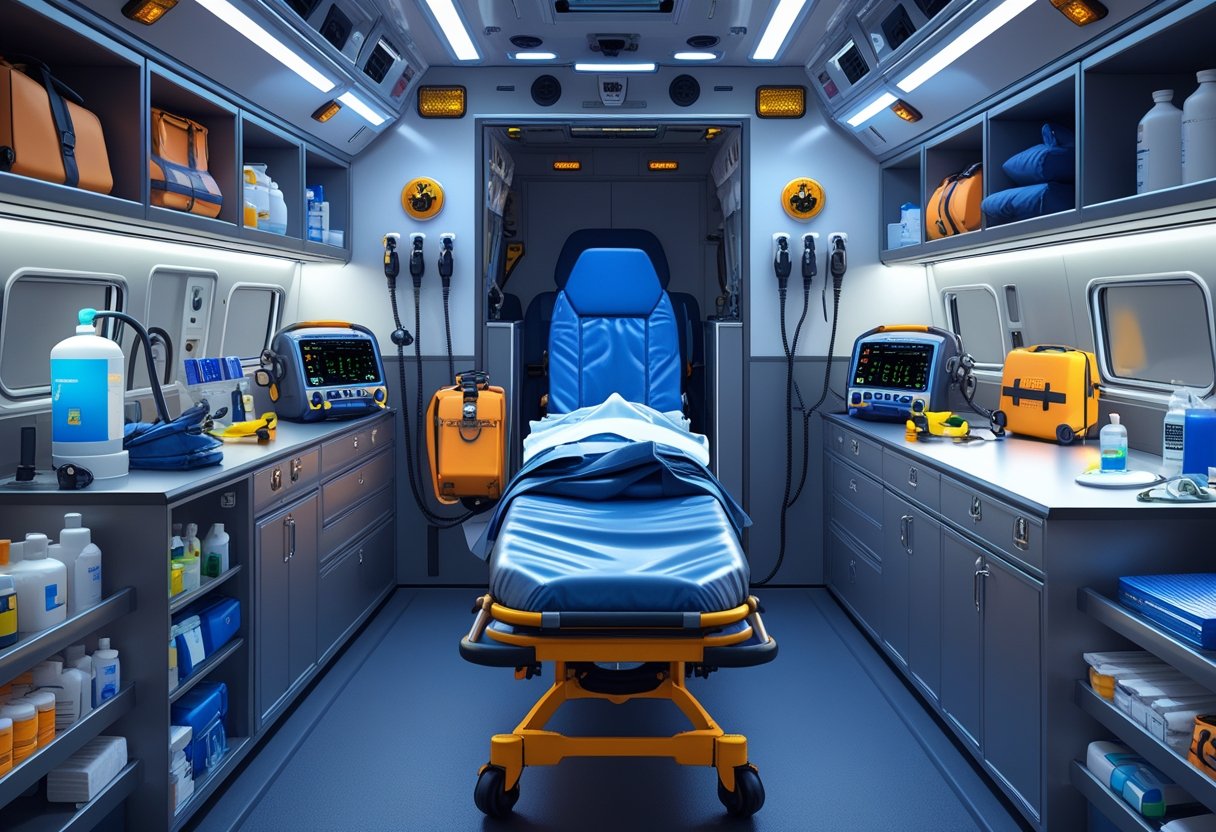 Interior de uma ambulância tipo F mostrando equipamentos médicos essenciais organizados, incluindo maca, desfibrilador, cilindros de oxigênio e kits de emergência.