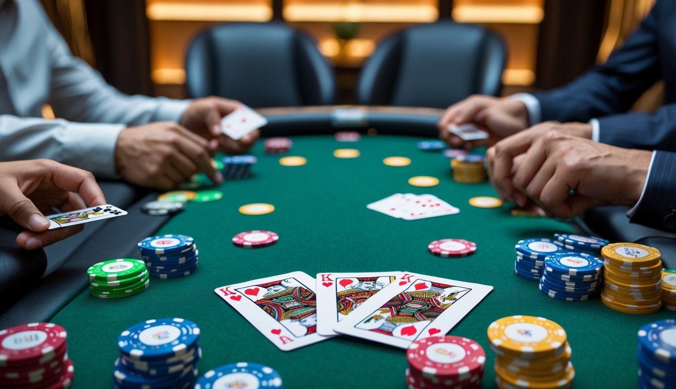 Meja poker dengan kartu dan tumpukan chip di ruangan dalam yang nyaman.