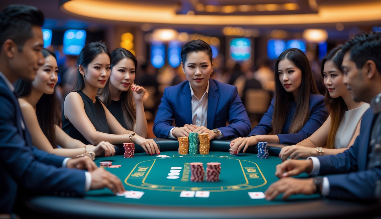 Beberapa pemain poker sedang bermain di meja poker dengan suasana kasino yang mewah dan pencahayaan hangat.