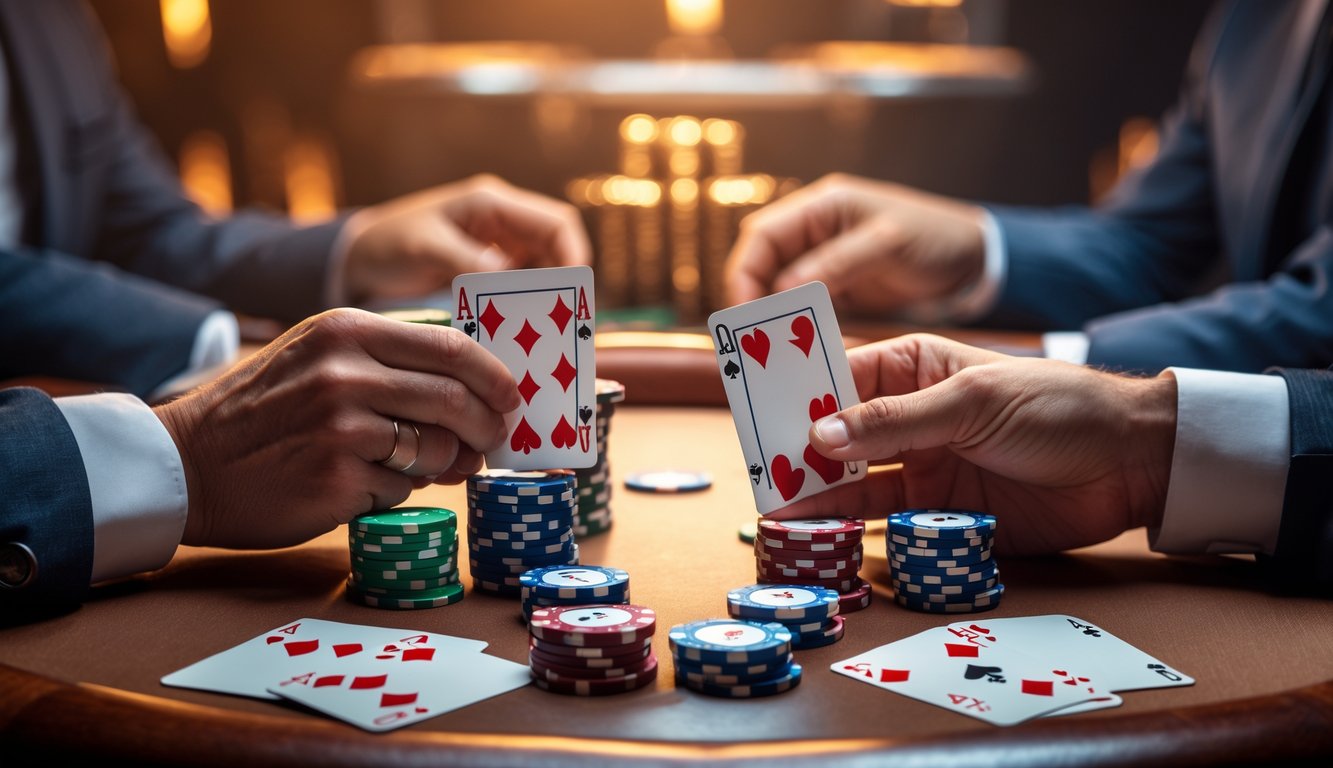 Meja poker dengan chip warna-warni dan kartu bermain, tangan memegang kartu di tengah permainan.