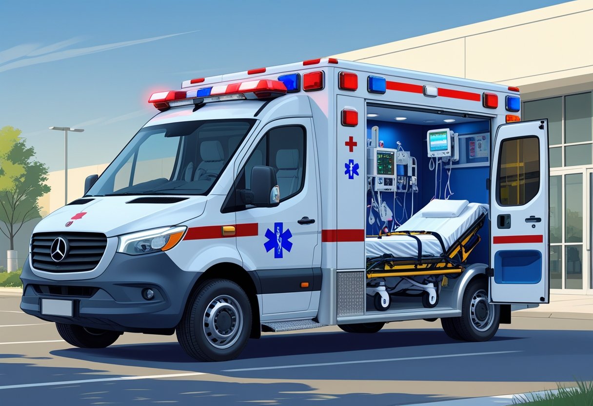 Ambulância UTI branca com luzes de emergência, porta lateral aberta mostrando equipamentos médicos e maca, estacionada próxima a um hospital.