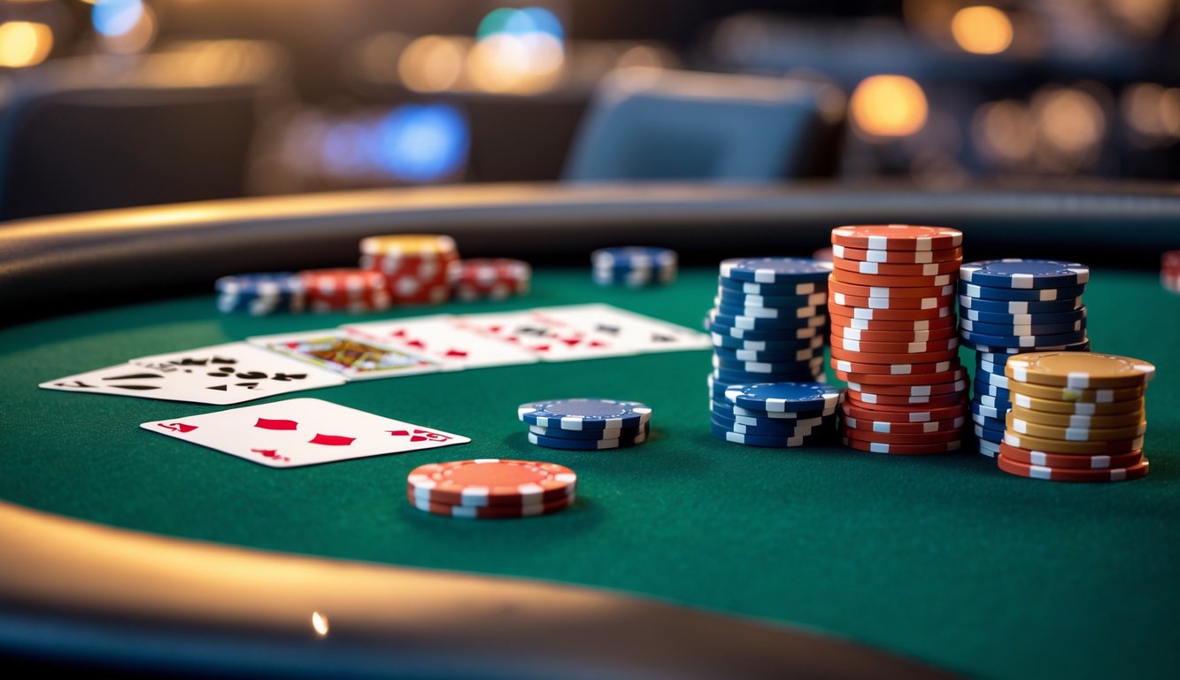 Meja poker dengan kartu dan tumpukan chip warna-warni di lingkungan kasino yang terang.