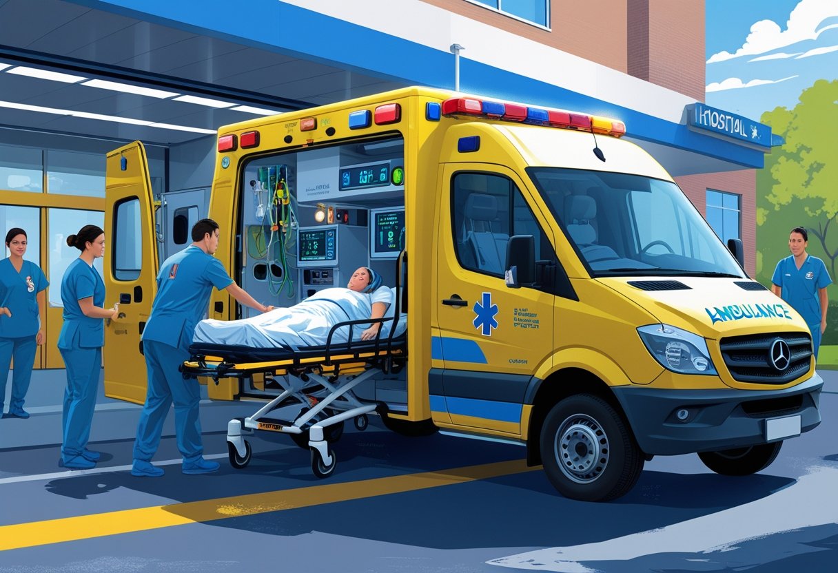 Ambulância UTI estacionada na entrada de um hospital com paramédicos transferindo um paciente em maca para o interior do veículo.