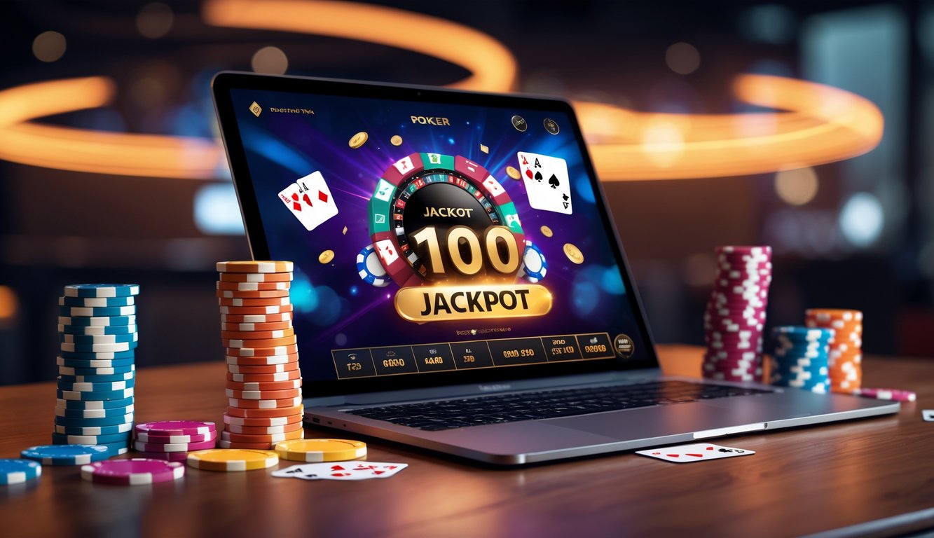 Sebuah laptop menampilkan permainan poker online dengan tumpukan chip dan kartu remi di atas meja kayu.