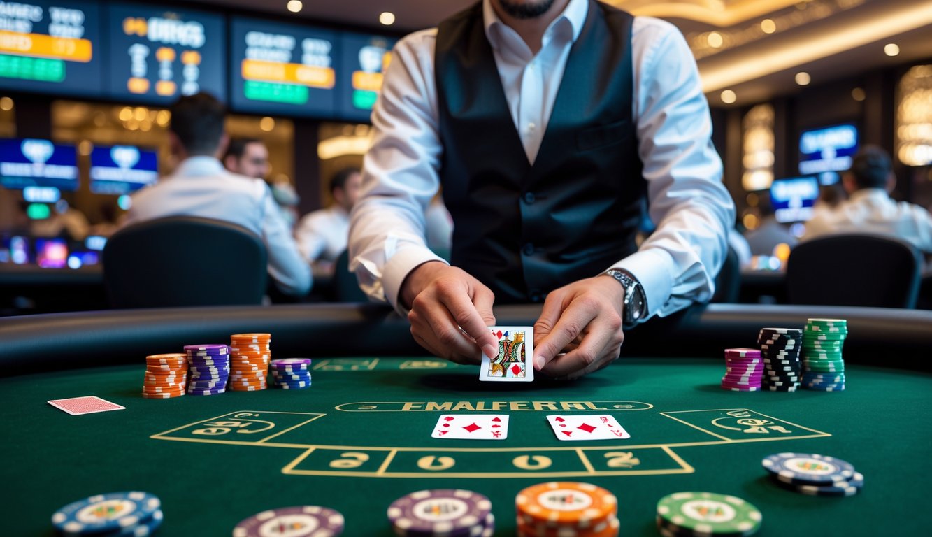 Meja poker dengan pemain dan dealer di kasino modern dengan pencahayaan lembut.