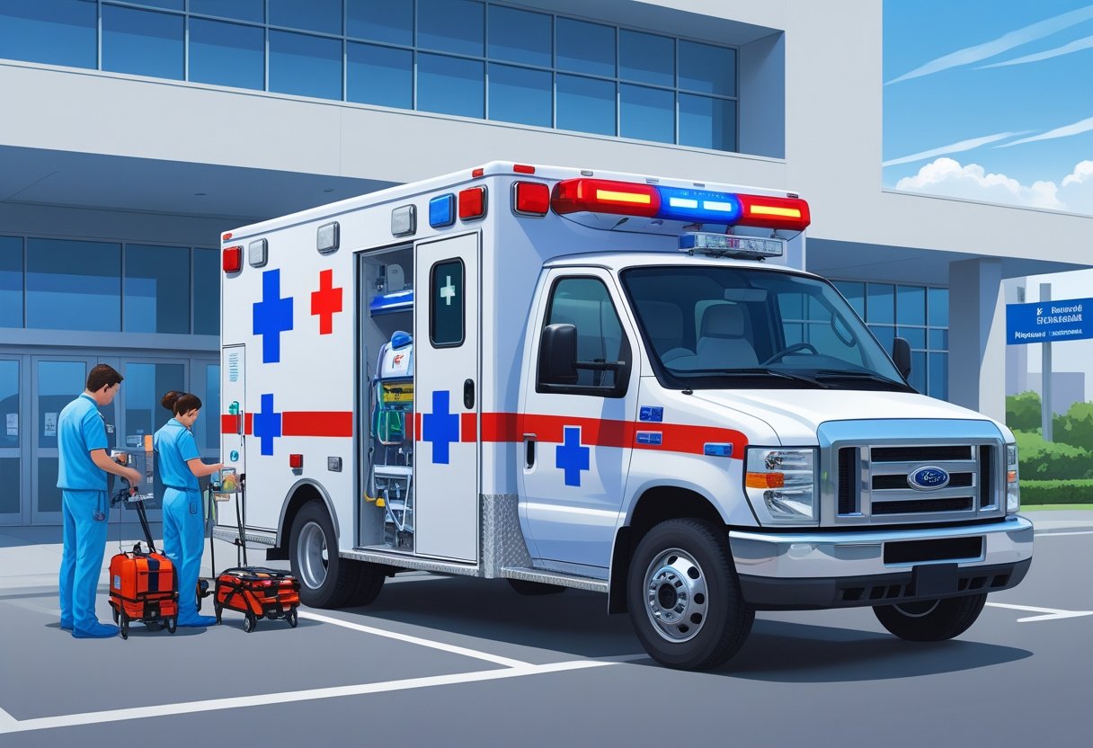 Uma ambulância UTI móvel particular estacionada em frente a um hospital, com paramédicos preparando equipamentos médicos ao lado do veículo.
