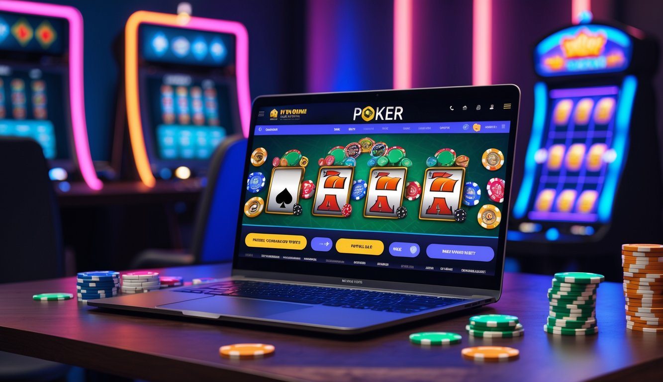 Sebuah meja dengan laptop dan ponsel yang menampilkan permainan poker dan mesin slot, dengan beberapa chip poker dan kartu di atas meja.