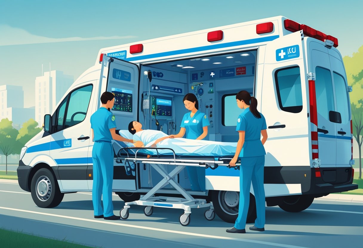 Ambulância móvel de UTI particular com profissionais de saúde atendendo um paciente em maca, em um ambiente urbano calmo.