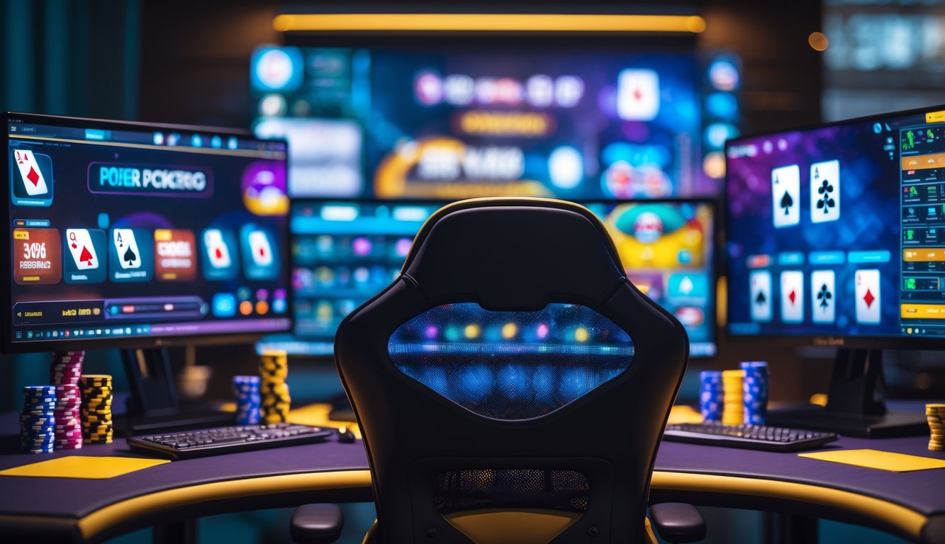 Sebuah meja kerja dengan beberapa monitor menampilkan permainan poker online dan tumpukan chip poker di ruang bermain yang nyaman.