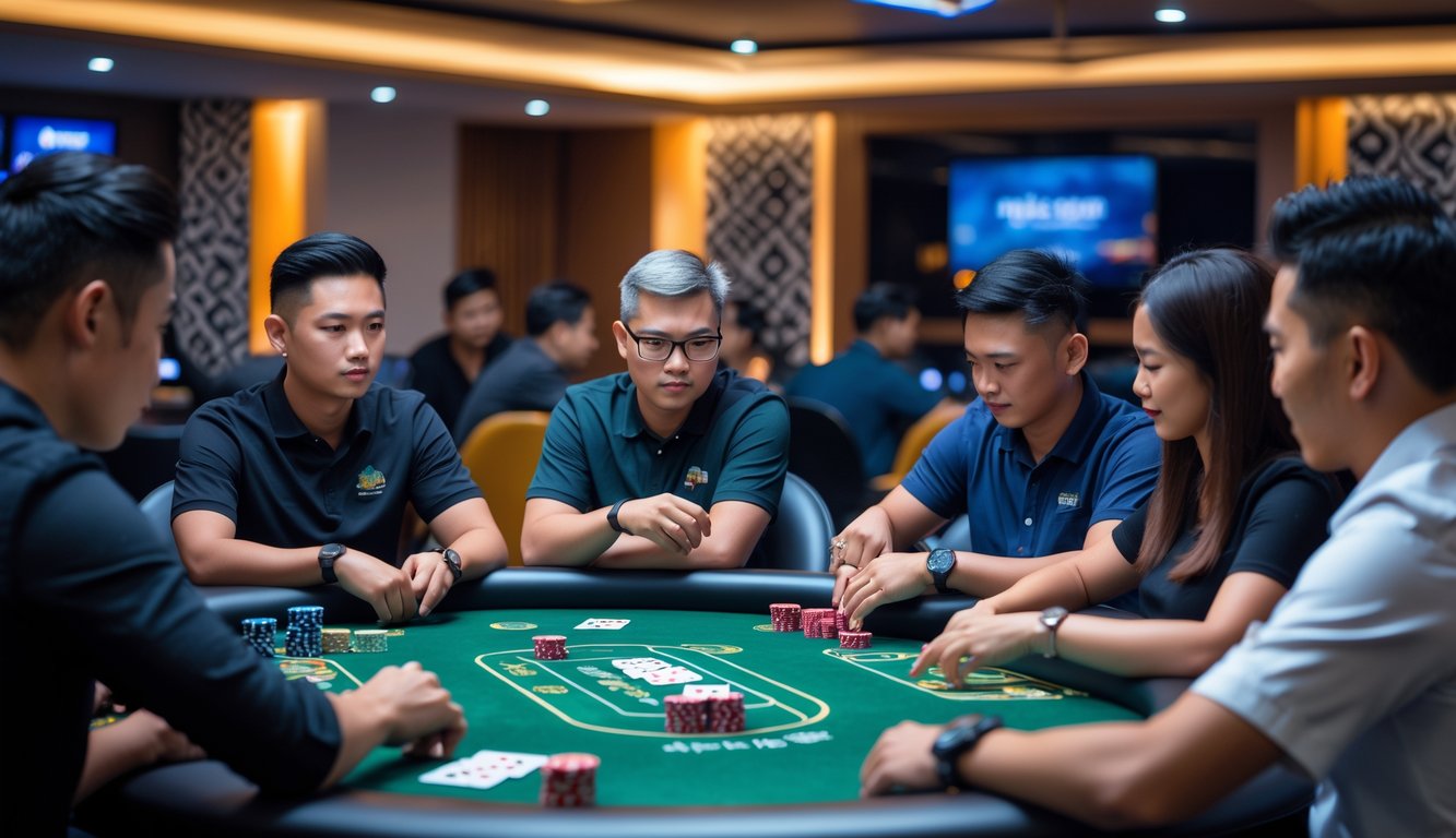 Ruangan poker modern dengan meja hijau, pemain serius sedang bermain kartu, dan dekorasi bergaya Indonesia di latar belakang.