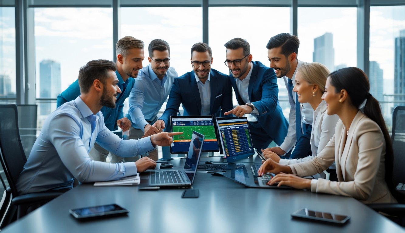 Sekelompok orang sedang berdiskusi di meja kantor modern dengan perangkat digital yang menampilkan statistik olahraga.