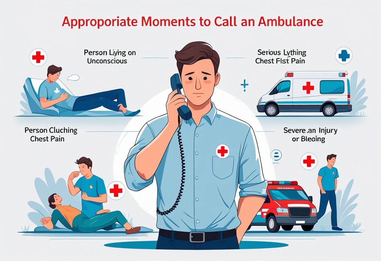 Pessoa preocupada ligando para uma ambulância enquanto outras pessoas apresentam sinais de emergência médica.