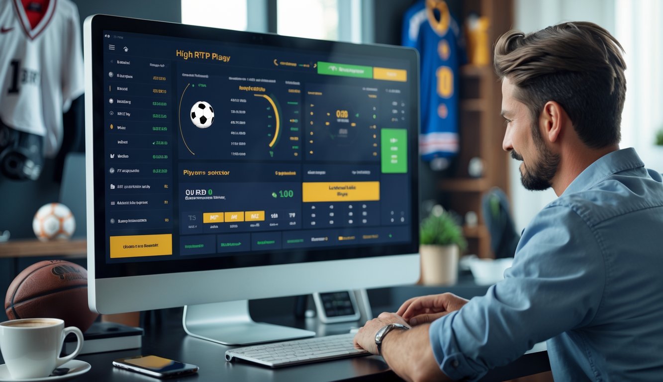 Seseorang menggunakan komputer dengan layar menampilkan data taruhan olahraga online di sebuah ruang kerja modern.