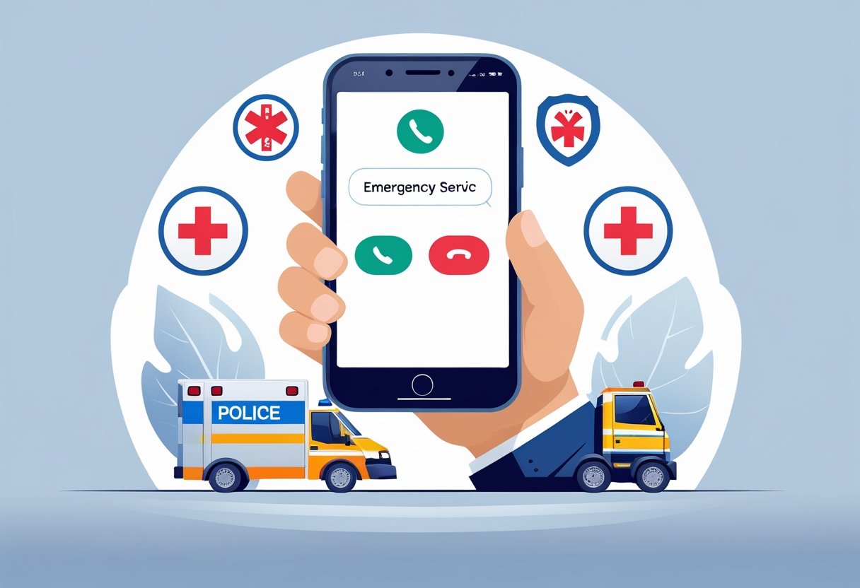 Pessoa segurando um smartphone com ícones de ambulância, caminhão de bombeiros e polícia ao redor, representando serviços de emergência.