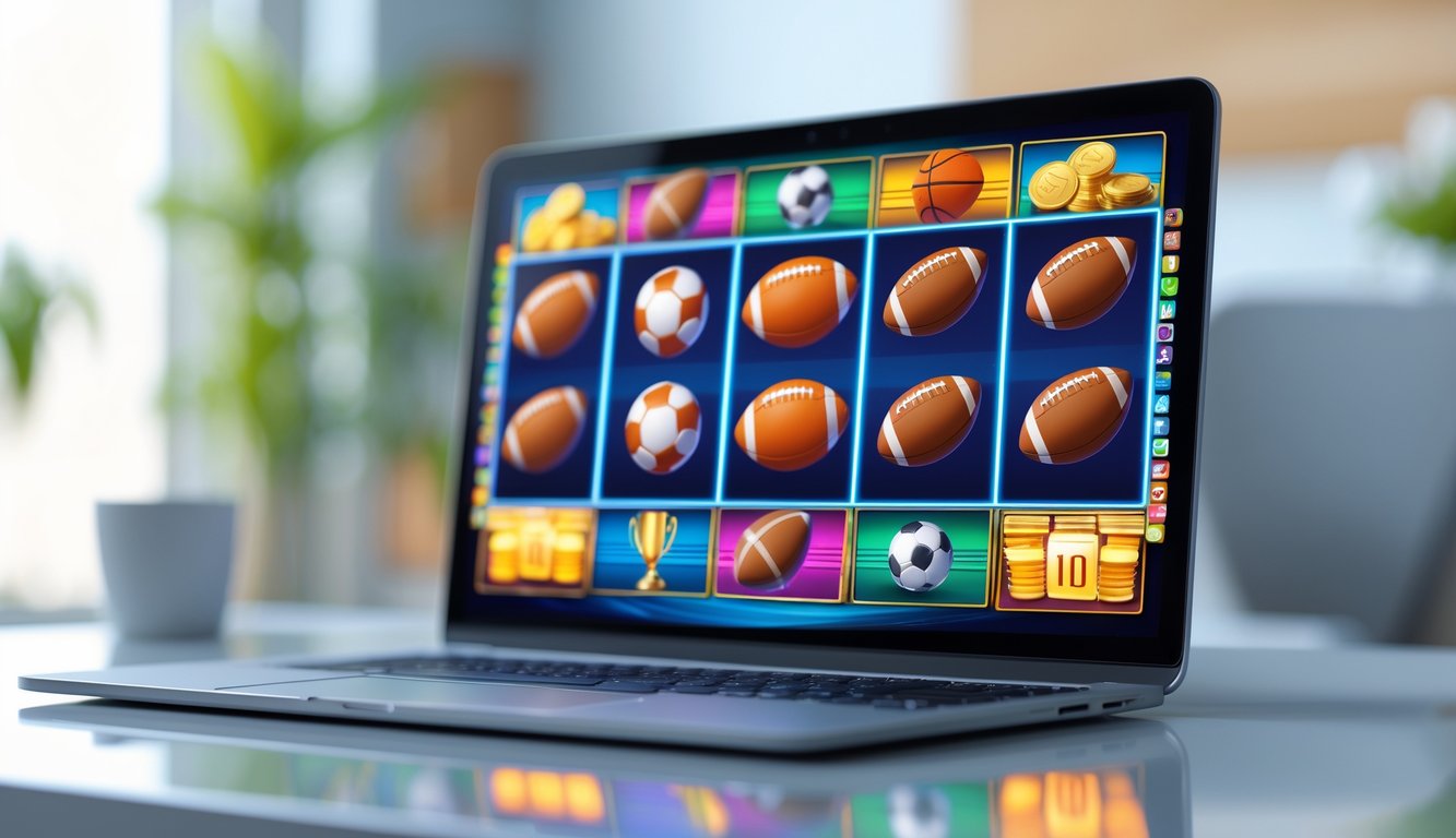 Layar komputer menampilkan permainan slot online dengan tema olahraga, di meja kerja yang rapi.