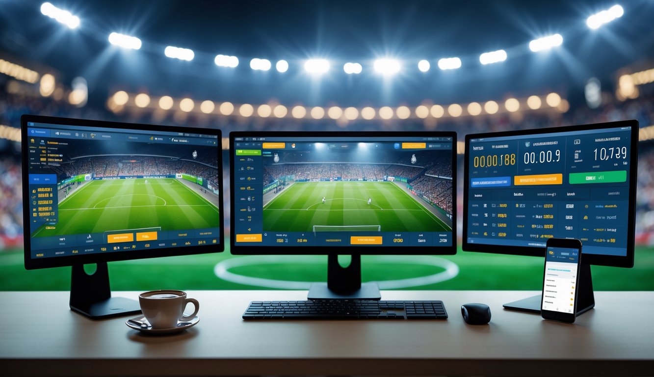 Suasana ruang kerja modern dengan beberapa layar menampilkan statistik pertandingan sepak bola dan peluang taruhan, latar belakang stadion dengan penonton, serta laptop dan ponsel di atas meja.