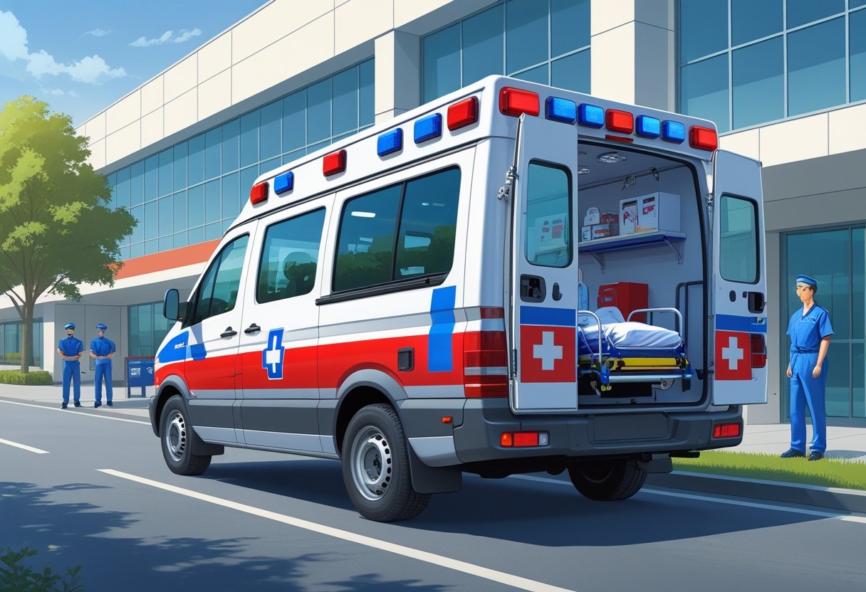 Uma ambulância básica branca com marcações vermelhas e azuis estacionada em frente a um hospital, com a porta traseira aberta mostrando equipamentos médicos, e profissionais de saúde próximos.
