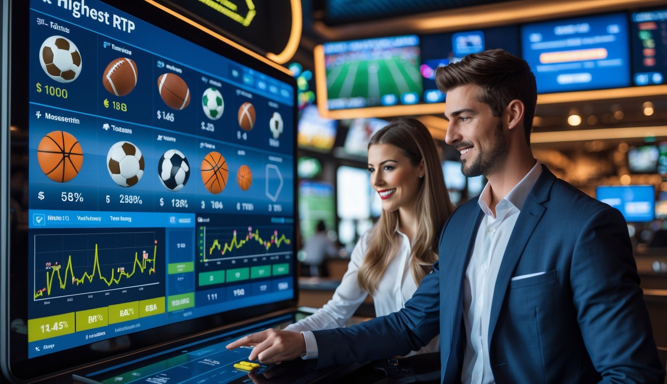 Dua orang muda sedang menggunakan layar sentuh digital untuk taruhan olahraga dengan grafik dan statistik olahraga di latar belakang.