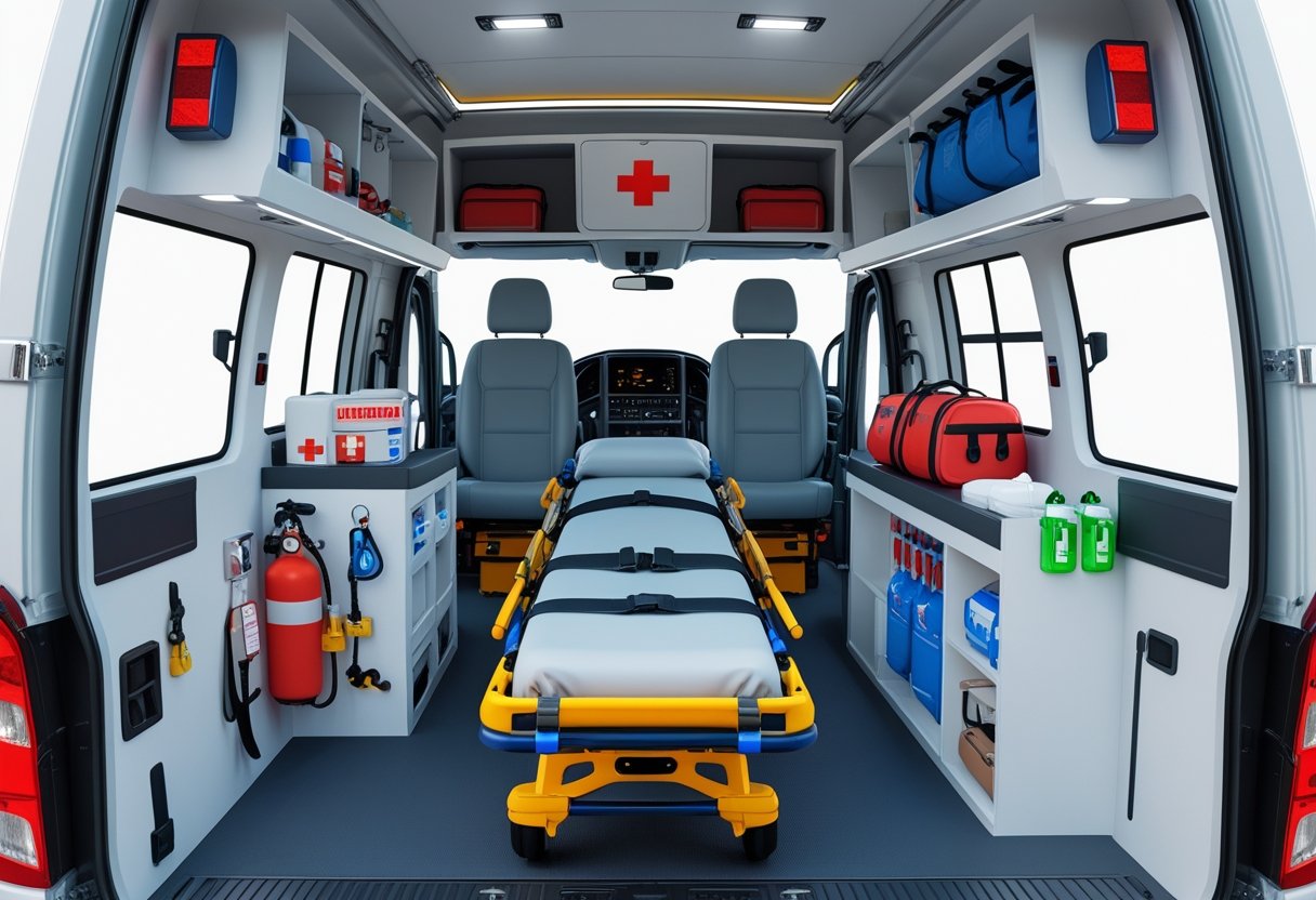 Interior e exterior de uma ambulância básica mostrando equipamentos médicos organizados e estrutura do veículo.