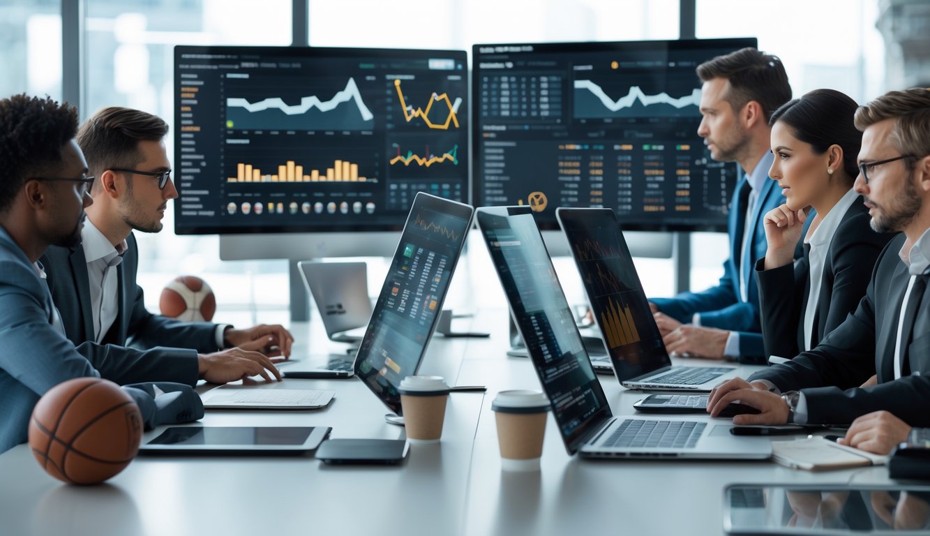 Sekelompok profesional sedang menganalisis data taruhan olahraga di kantor modern dengan layar komputer dan peralatan kerja.