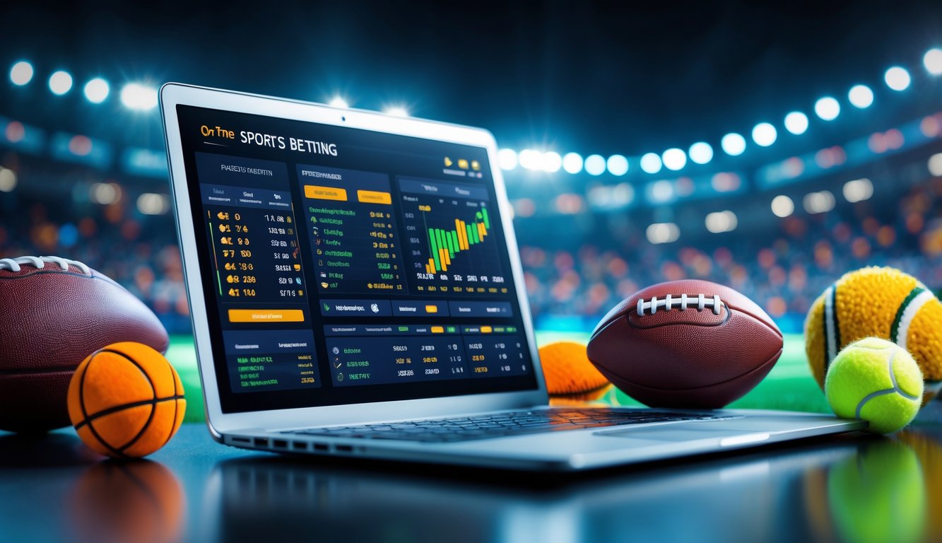 Seorang pria menggunakan laptop dengan tampilan taruhan olahraga di layar, dikelilingi bola sepak, bola basket, dan bola tenis di meja, dengan latar belakang stadion olahraga yang ramai.