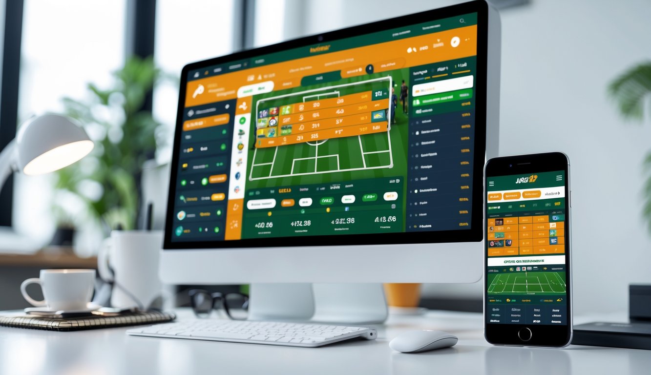 Antarmuka platform taruhan olahraga modern yang ditampilkan pada komputer dan ponsel di atas meja kerja.