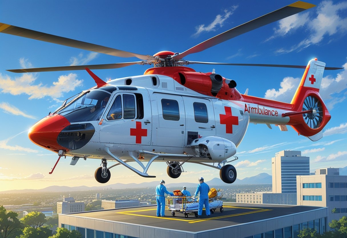 Um helicóptero de ambulância aérea voando sobre um hospital com equipe médica pronta para receber um paciente.