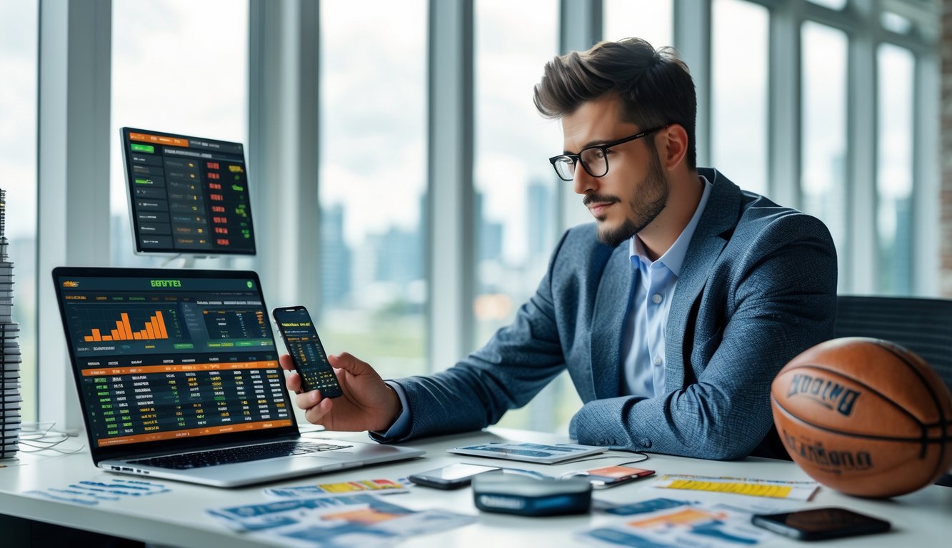 Seorang pria muda duduk di meja dengan perangkat digital yang menampilkan statistik taruhan olahraga dan grafik RTP tinggi.