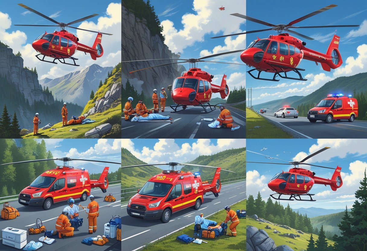 Cena mostrando diferentes situações de emergência onde uma ambulância aérea está sendo usada para resgatar pacientes em áreas montanhosas, acidentes de trânsito, locais rurais remotos e telhados urbanos.