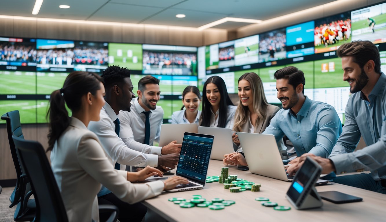 Orang-orang yang sedang memasang taruhan pada acara olahraga di sebuah ruangan modern dengan layar digital besar.