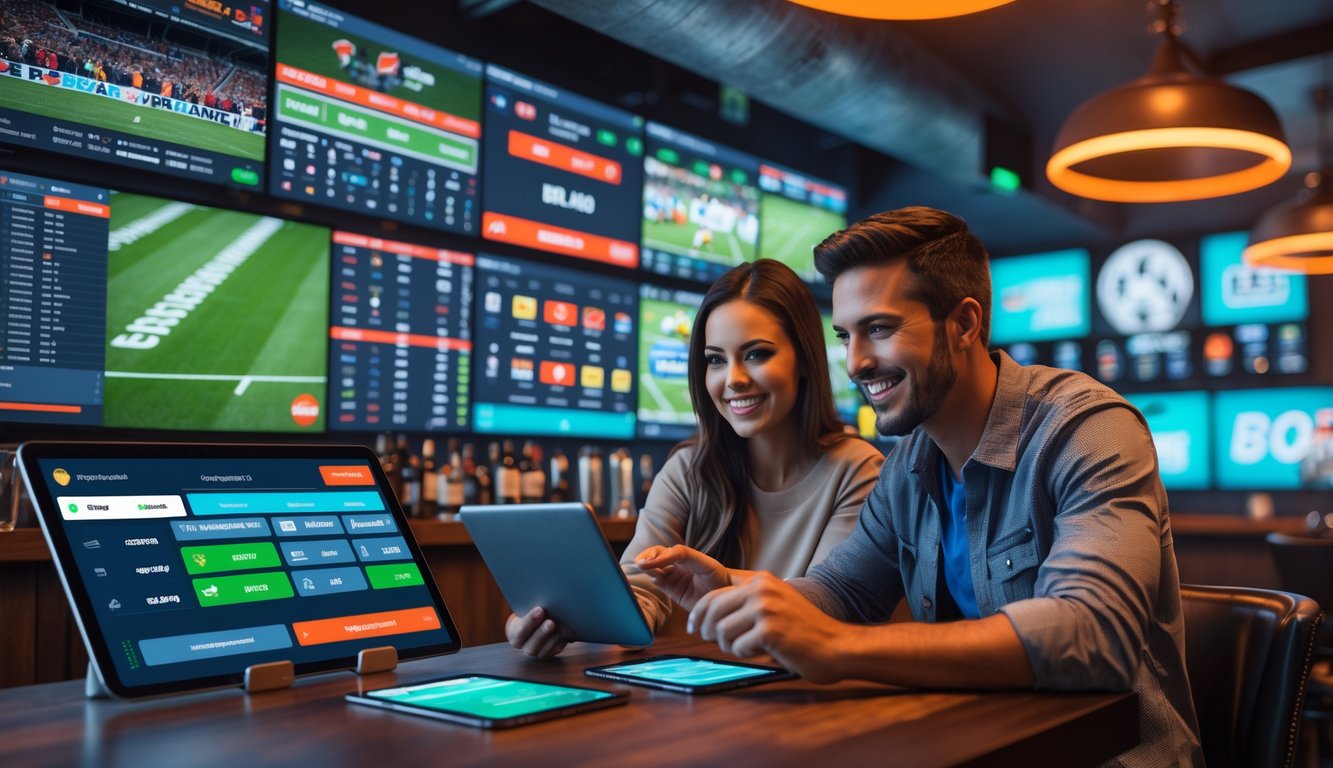 Dua orang muda menggunakan perangkat digital untuk bertaruh di sportsbook dengan layar menampilkan berbagai acara olahraga di latar belakang bar olahraga.