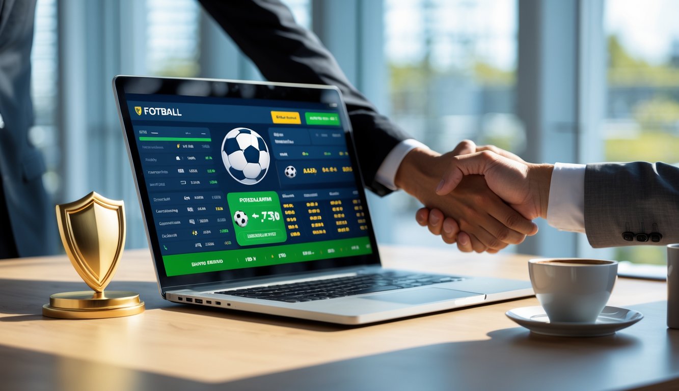 Sebuah ruang kerja modern dengan laptop yang menampilkan grafik terkait sepak bola dan simbol kepercayaan seperti jabat tangan dan perisai emas di atas meja kayu.