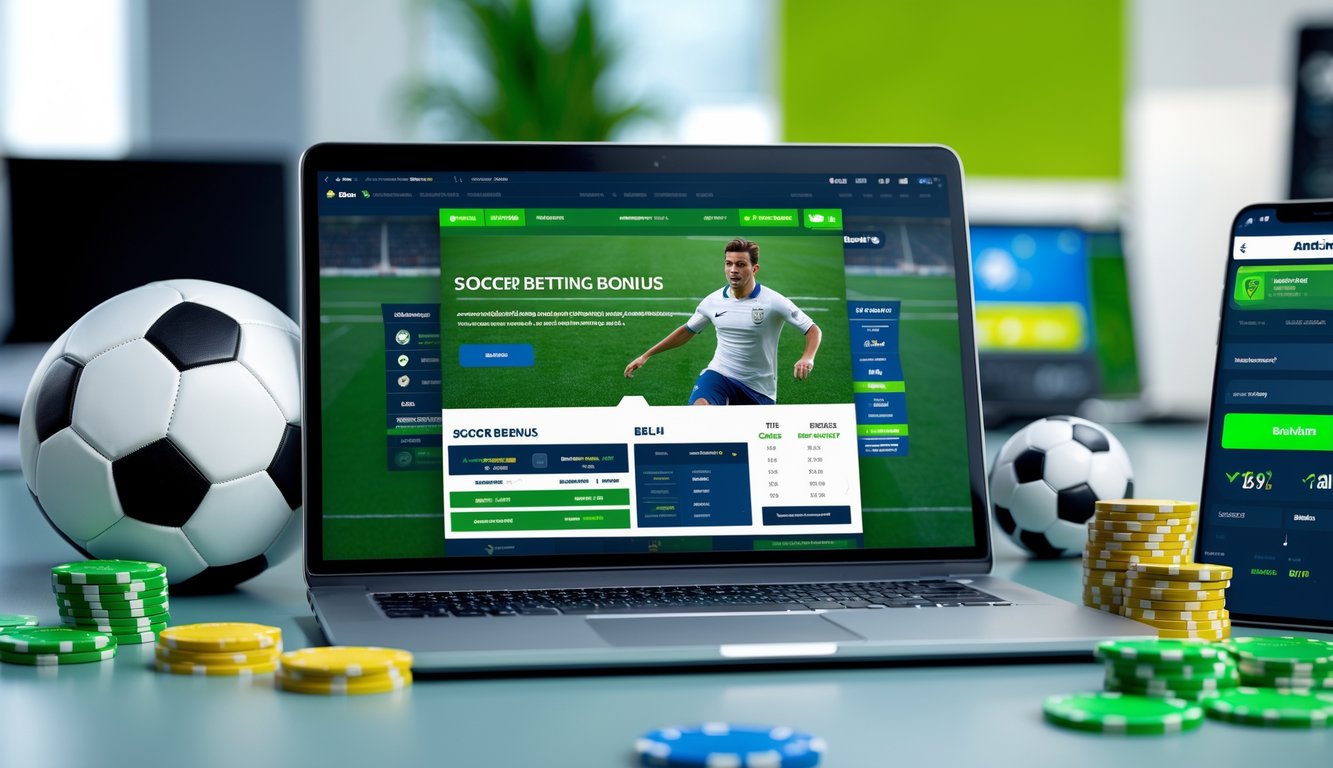 Seorang pria menggunakan laptop di meja kerja dengan bola sepak di samping dan chip taruhan, menunjukkan suasana taruhan sepak bola online.