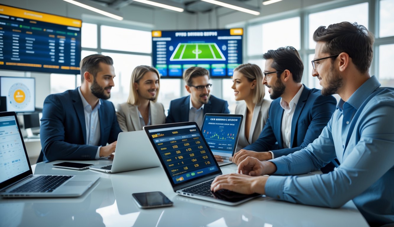 Sekelompok orang profesional sedang berdiskusi di kantor modern dengan perangkat digital dan layar menampilkan acara olahraga dan data taruhan.