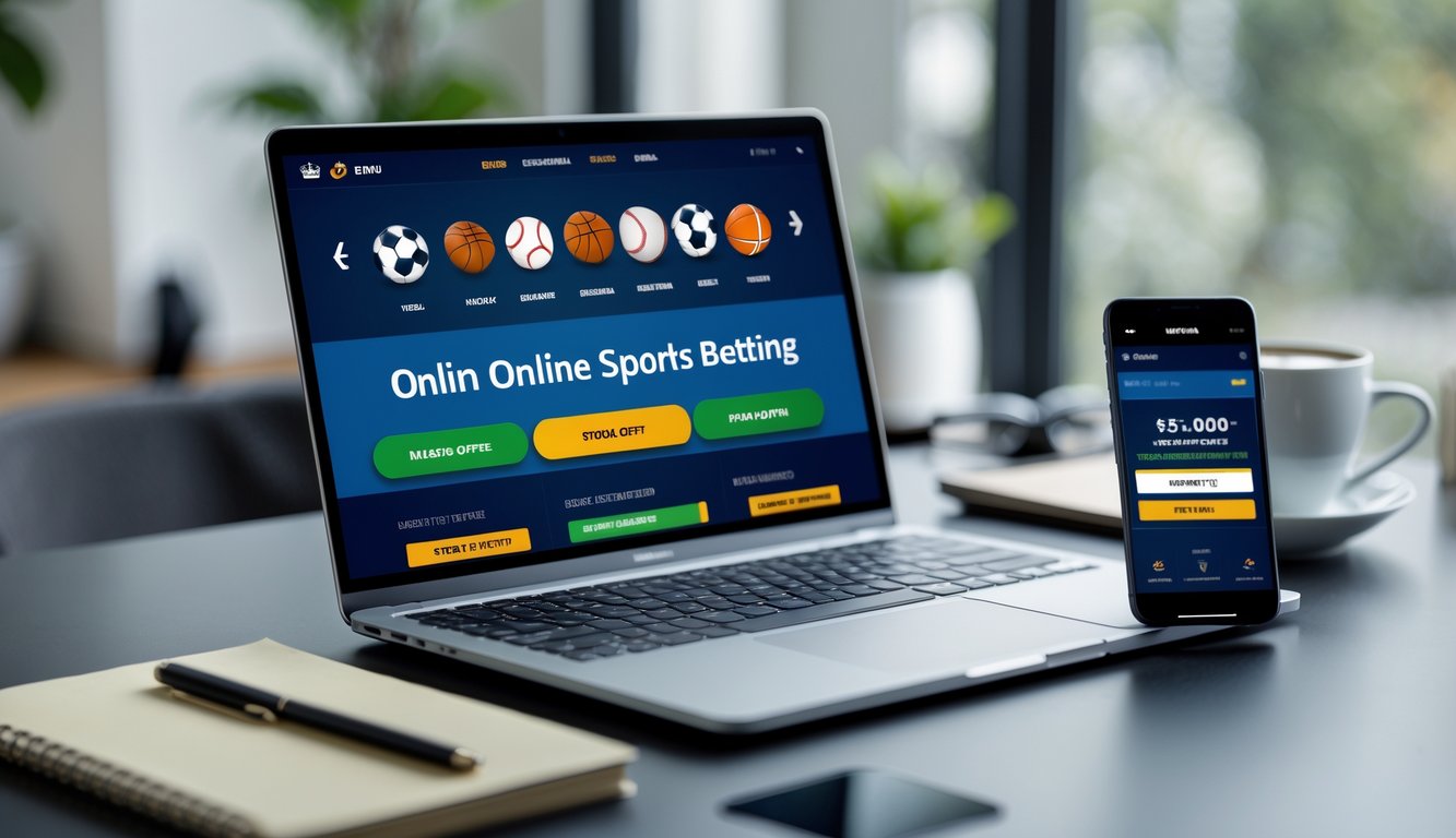 Seseorang menggunakan laptop dan ponsel untuk memasang taruhan olahraga dengan suasana kerja yang nyaman.