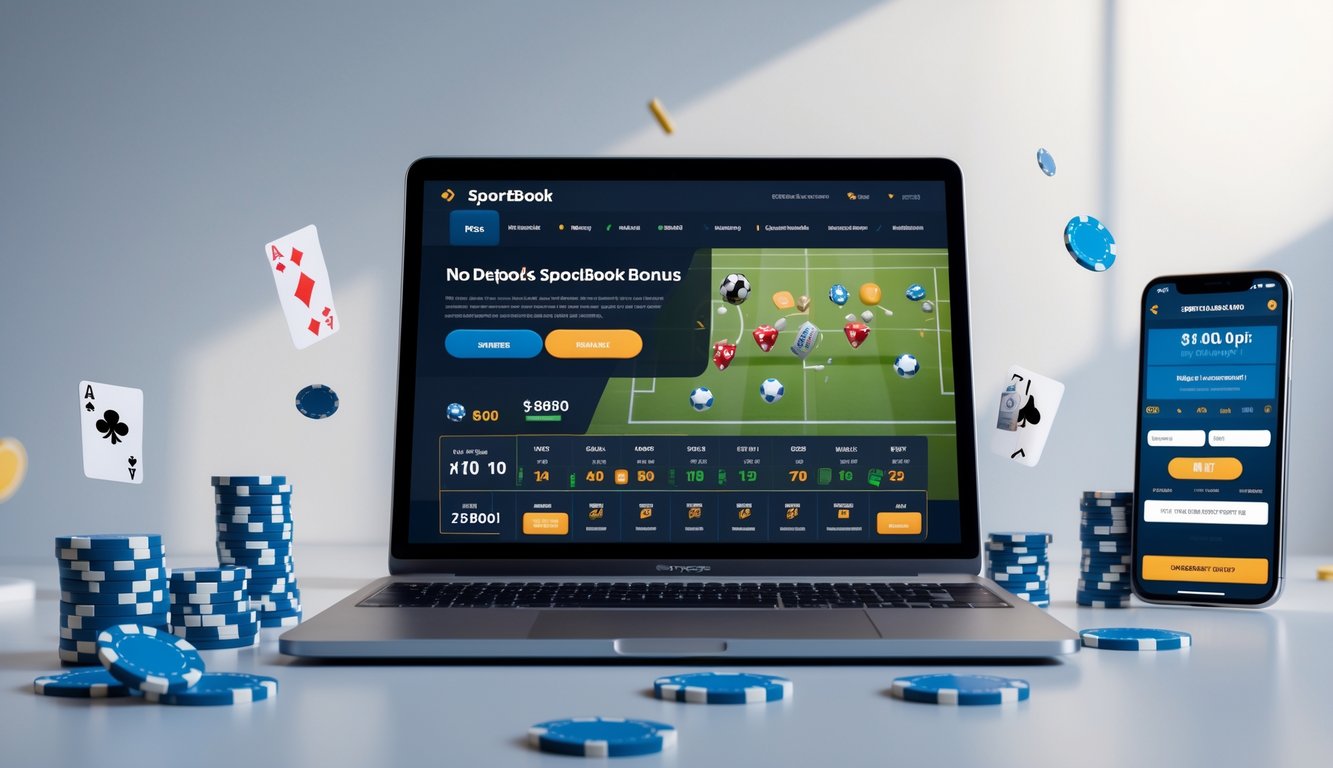 Layar laptop menampilkan antarmuka sportsbook dengan ikon olahraga dan chip poker di sekitarnya.