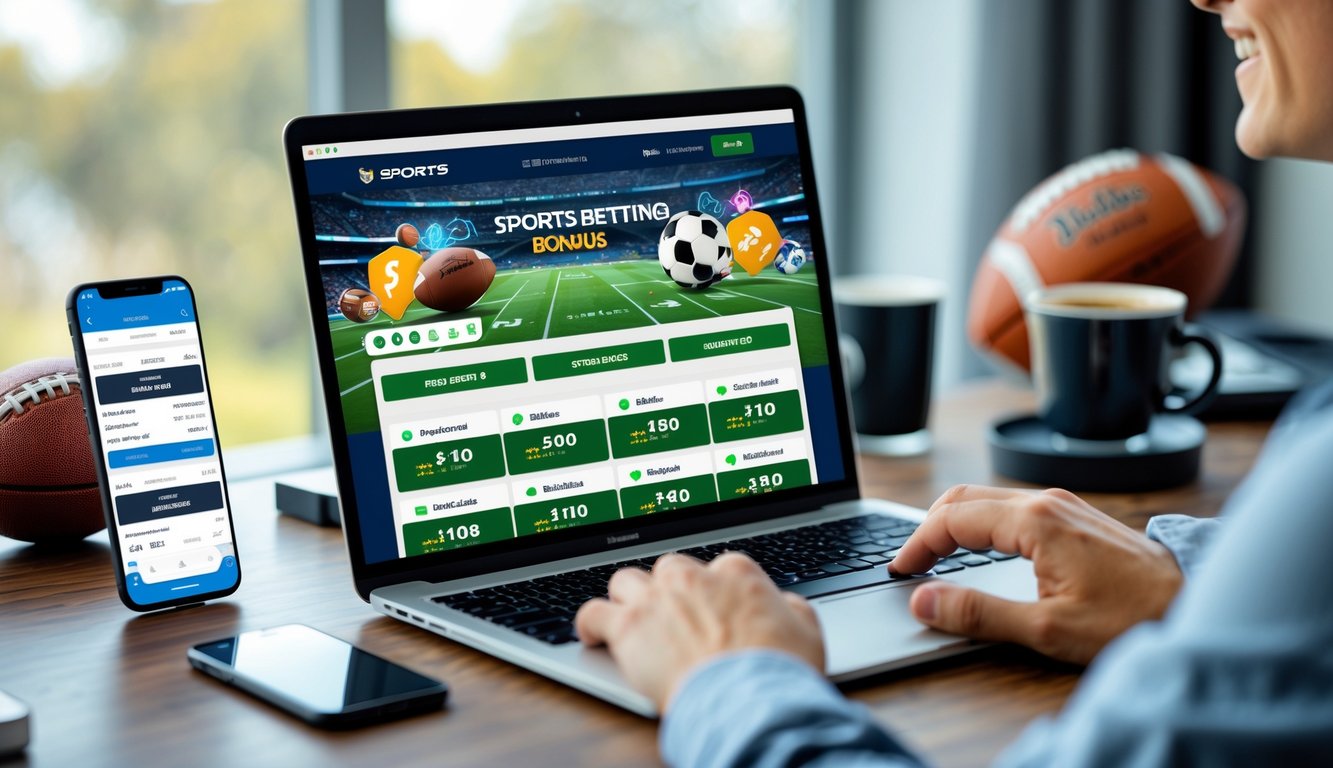 Seseorang menggunakan laptop di meja kerja dengan tampilan situs judi olahraga online dan suasana yang menyenangkan.