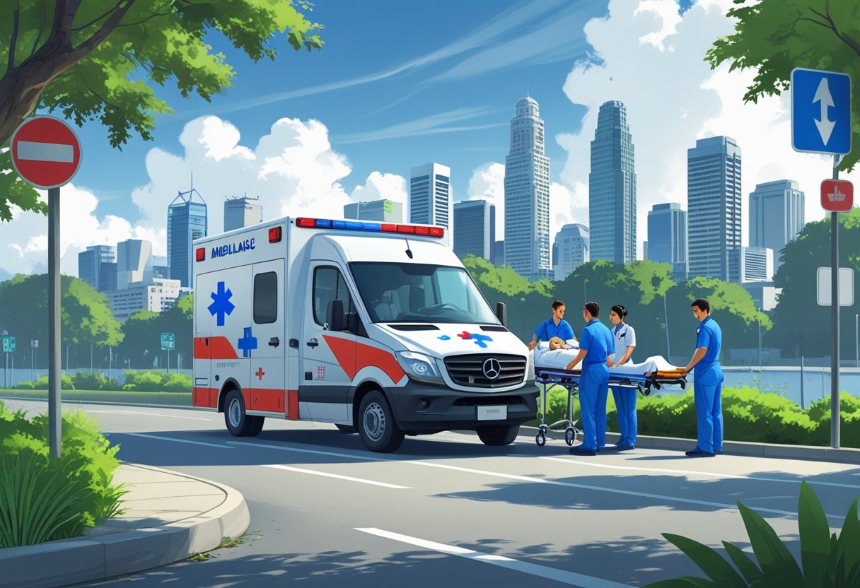 Uma ambulância particular em São Paulo estacionada em uma rua da cidade, com profissionais de saúde atendendo um paciente em uma maca, com prédios da cidade ao fundo.